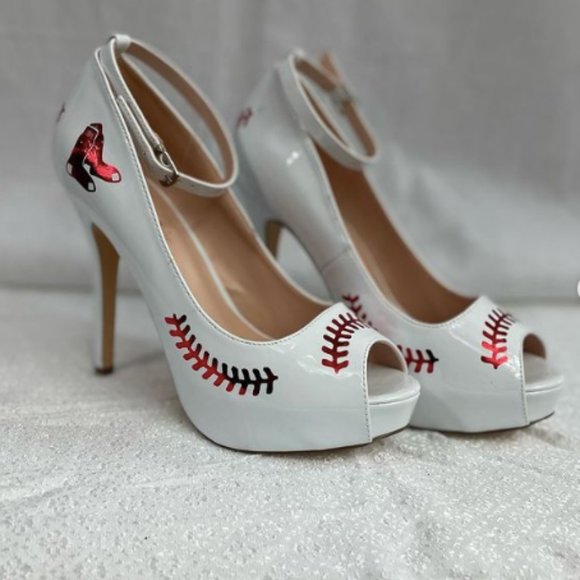 Red Sox baseball platform peep toe heels - size 9 - Picture 1 of 5